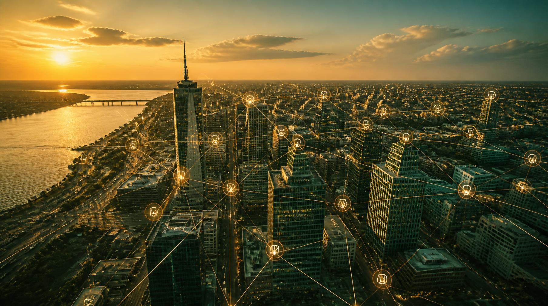 African city skyline with digital network overlay