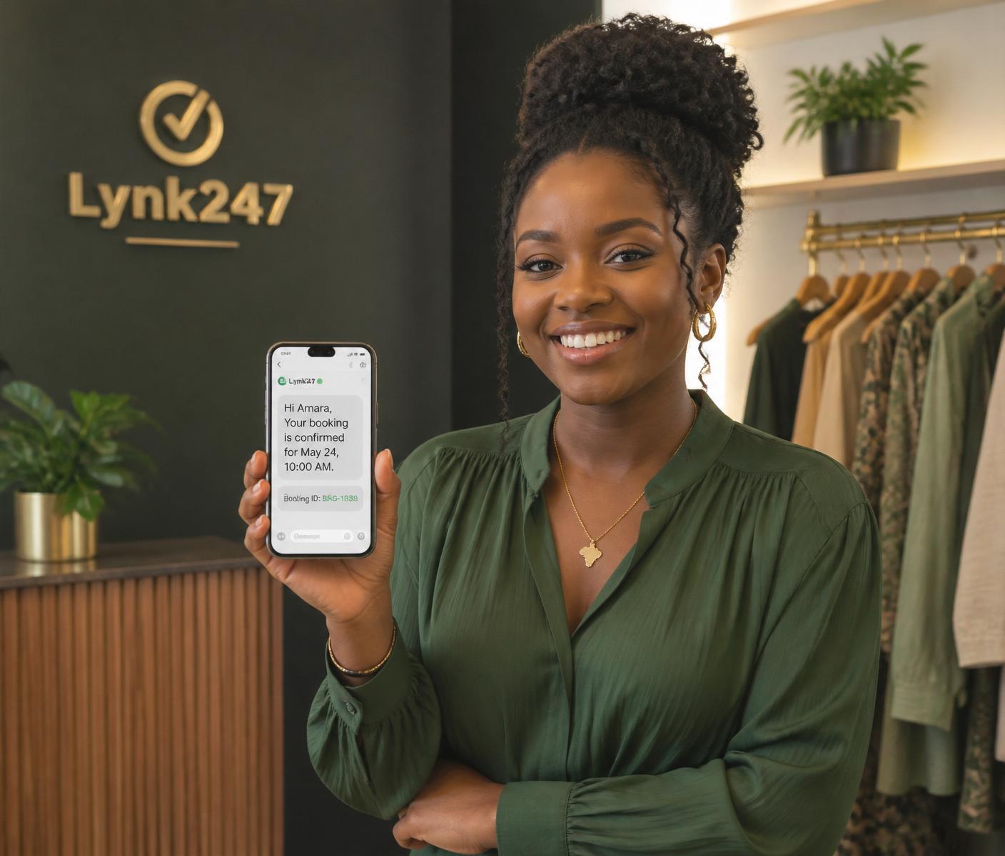 African small business owner receiving a booking confirmation on WhatsApp